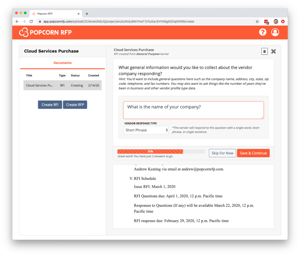 Screenshot of the interface to create questions for vendors in Popcorn RFP.