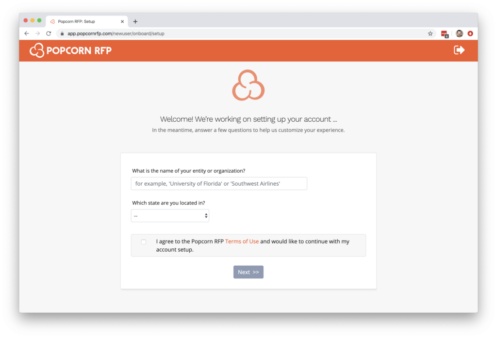 Screenshot of the first account enrollment window in Popcorn RFP