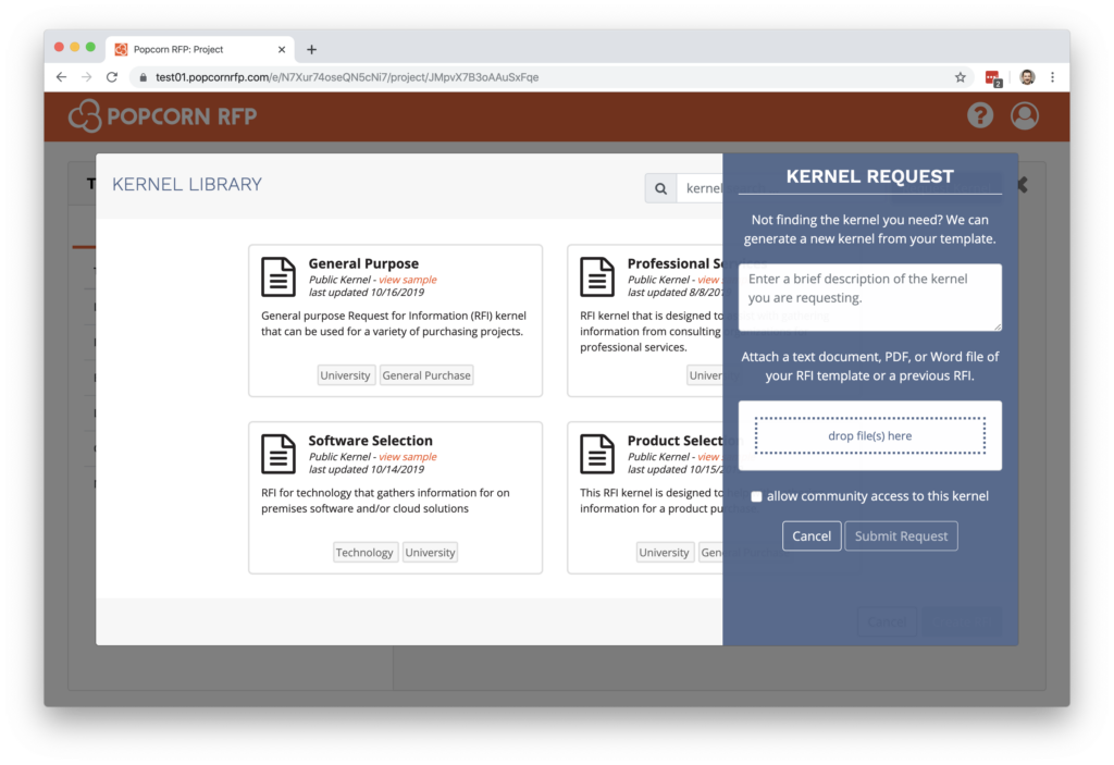 Screenshot of the "kernel request" option in the kernel library in Popcorn RFP.