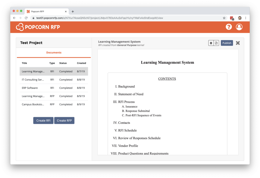 Screenshot of the purchasing project interface which shows multiple RFx organized in a sample project.