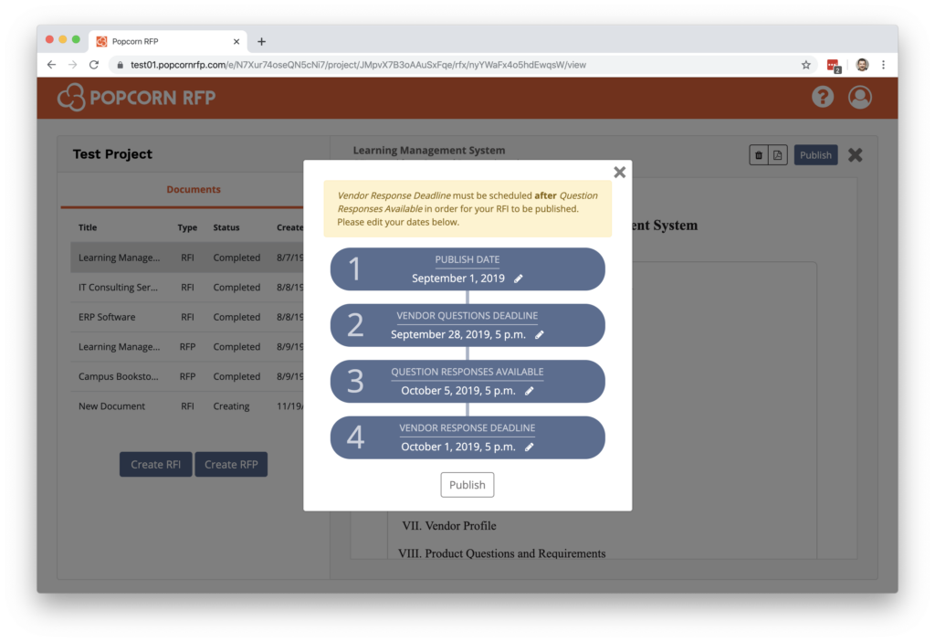 Screenshot of the RFx publishing window which shows dates out of sequence and alerts the user to correct them in Popcorn RFP.
