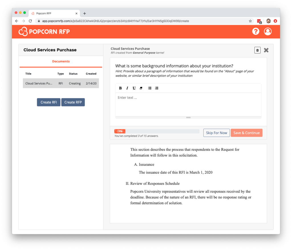 Screenshot of the RFx creation interface in Popcorn RFP.